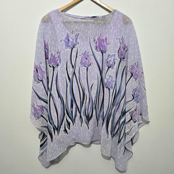 Bob Mackie Womens Purple Floral Kimono Top Sz M Wearable Art Feminine Flowy Work - Picture 1 of 9